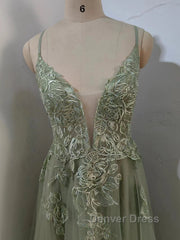 Dusty Sage Prom Dresses Plunging V Neck Appliques Lace-Up A-line Long Evening Gown