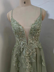 Dusty Sage Prom kjole, der dypper V Neck Appliques Lace-Up A-Line Long Evening Gown