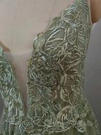 Dusty Sage Prom Dresses Plunging V Neck Appliques Lace Up A Line Long Prom Gowns