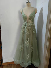 Dusty Sage Prom kjole, der dypper V Neck Appliques Lace-Up A-Line Long Evening Gown