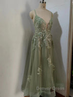 Dusty Sage Prom Dresses Plunging V Neck Appliques Lace Up A Line Long Prom Gowns