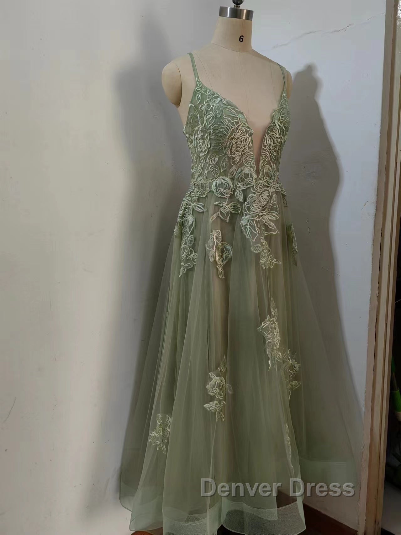 Dusty Sage Prom Dresses Plunging V Neck Appliques Lace Up A Line Long Prom Gowns