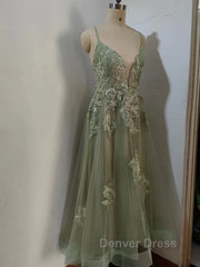 Dusty Sage Prom kjole, der dypper V Neck Appliques Lace-Up A-Line Long Evening Gown