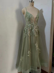 Dusty Salbei Prom Kleid tropfen V Hals Applikationen Schnürung A-Line Long Evening Kleid