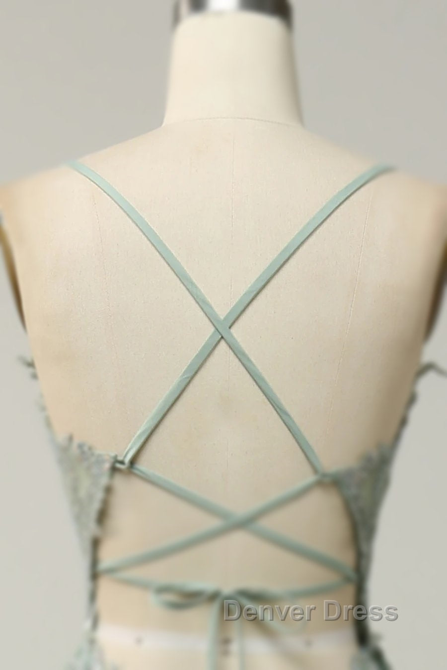 Dusty Sage Prom Dresses Plunging V Neck Appliques Lace Up A Line Long Prom Gowns