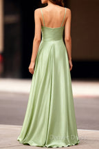 Dusty Sage Satin Long Classy Prom Dresses with Pleated