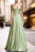 Dusty Sage Satin Long Classy Prom Dresses with Pleated