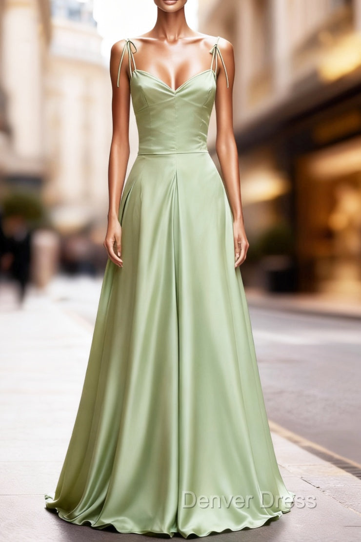 Dusty Sage Satin Long Classy Prom Dresses with Pleated