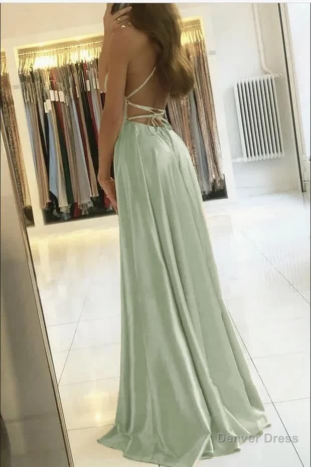 Dusty Sage Spaghetti Straps Long Prom Dresses With Slit Online