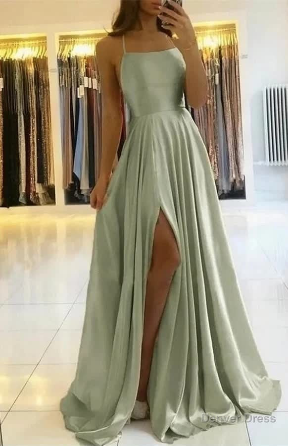 Dusty Sage Spaghetti Straps Long Prom Dresses With Slit Online