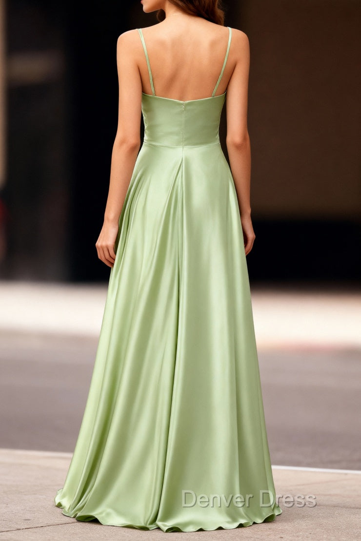 Dusty Sage Unique Satin Long Prom Dresses with Pleated