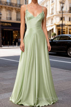 Dusty Sage Unique Satin Long Prom Dresses with Pleated