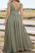 Dusty Sage V Neck Chiffon Floor Length Bridesmaid Dress Long Bridesmaid Dresses With Pleated Split