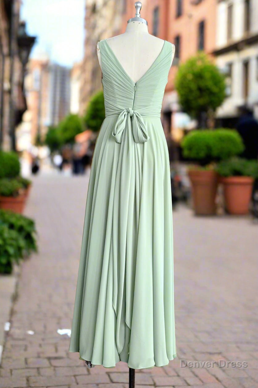 Dusty Sage V Neck Long Chiffon Bridesmaid Dresses with Bow