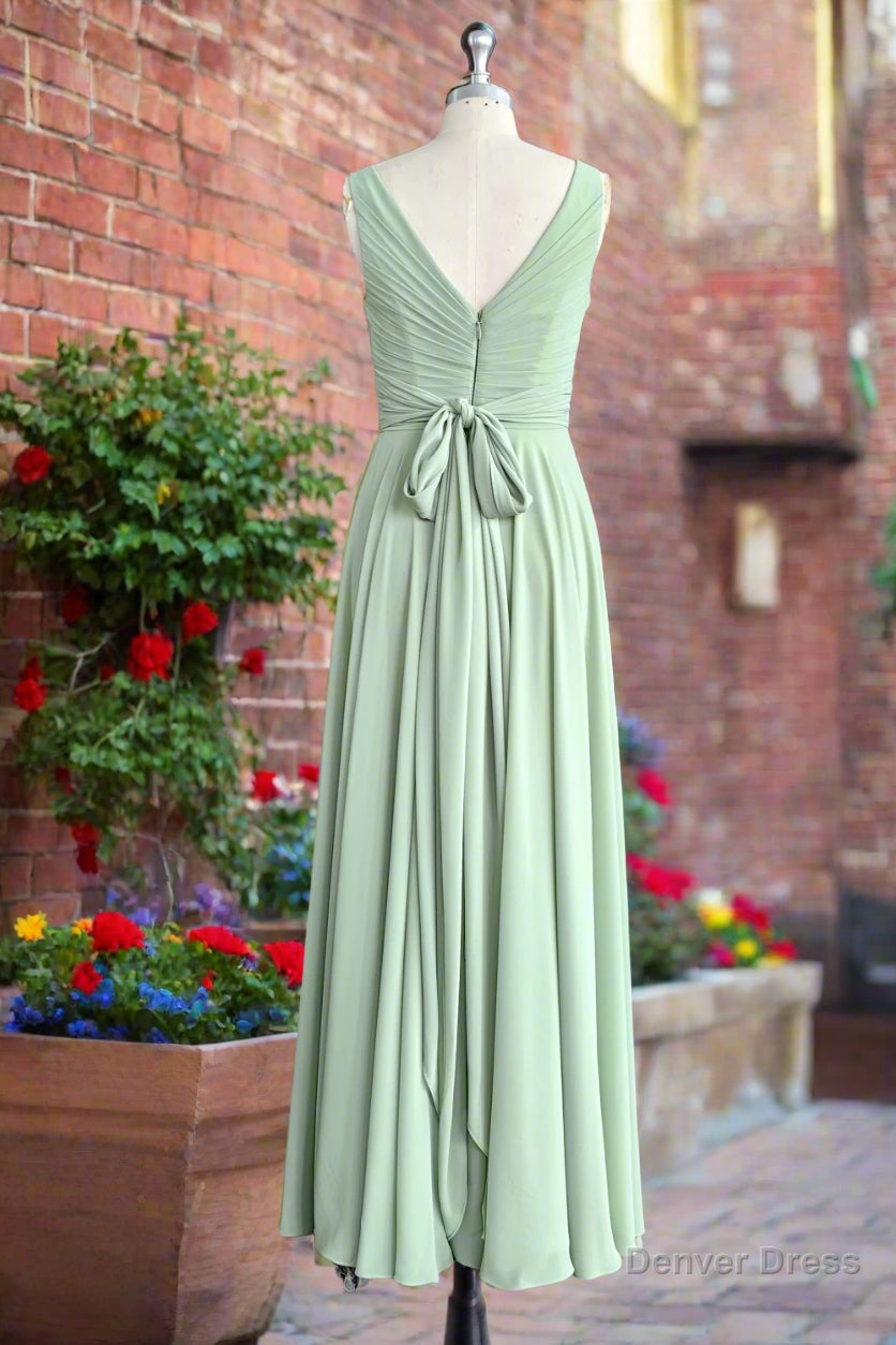 Dusty Sage V Neck Long Chiffon Bridesmaid Dresses with Bow