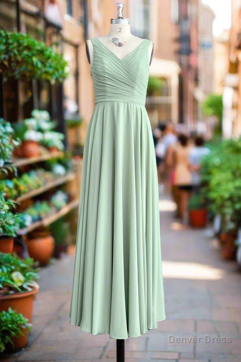 Dusty Sage V Neck Long Chiffon Bridesmaid Dresses with Bow Main image