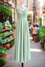 Dusty Sage V Neck Long Chiffon Bridesmaid Dresses with Bow