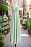 Dusty Sage V Neck Long Chiffon Bridesmaid Dresses with Bow