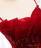 Burgundy Lace Long Prom Dresses, A-Line Spaghetti Strap Evening Dresses