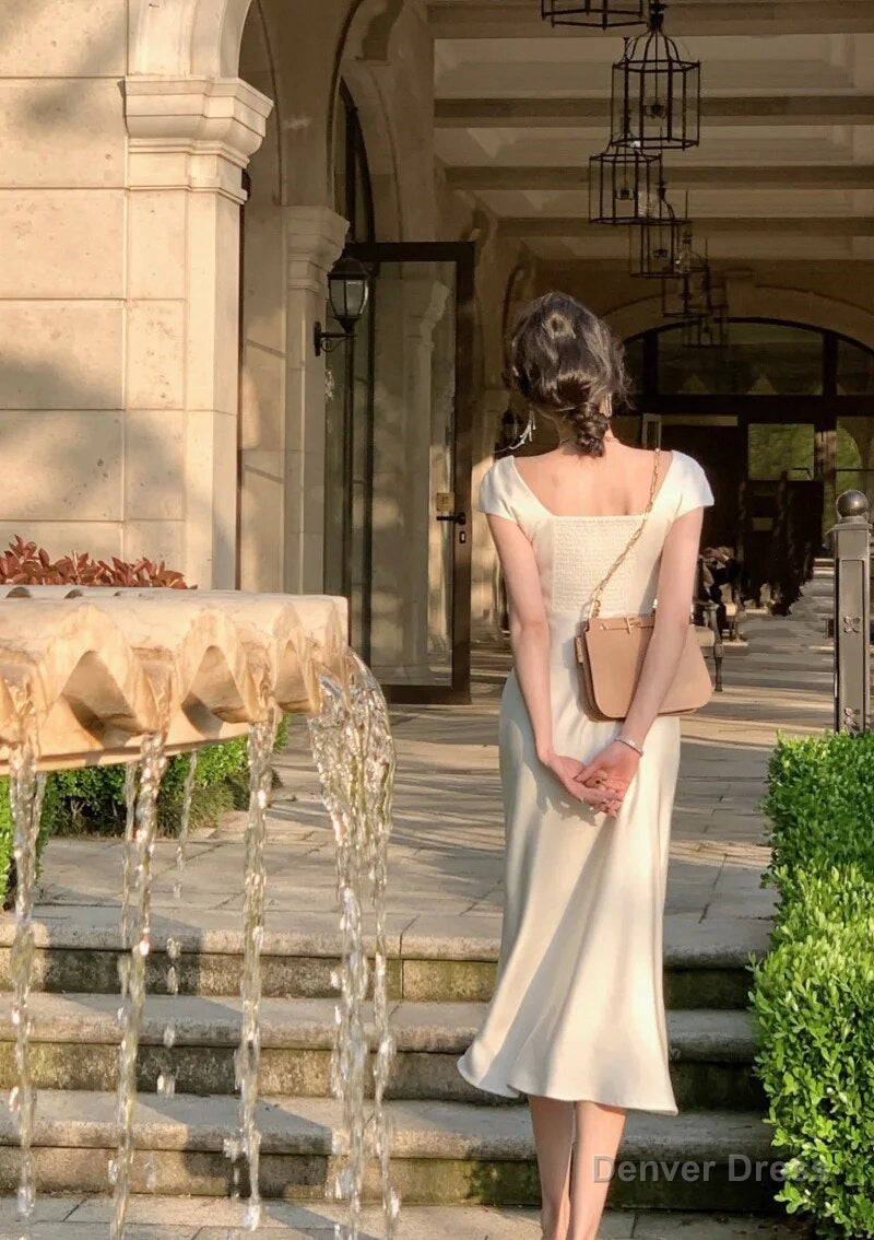 Prom Midi Dress for Women Summer Square Collar Slim Prom Female Clothes Wedding Prom Satin Dresses
