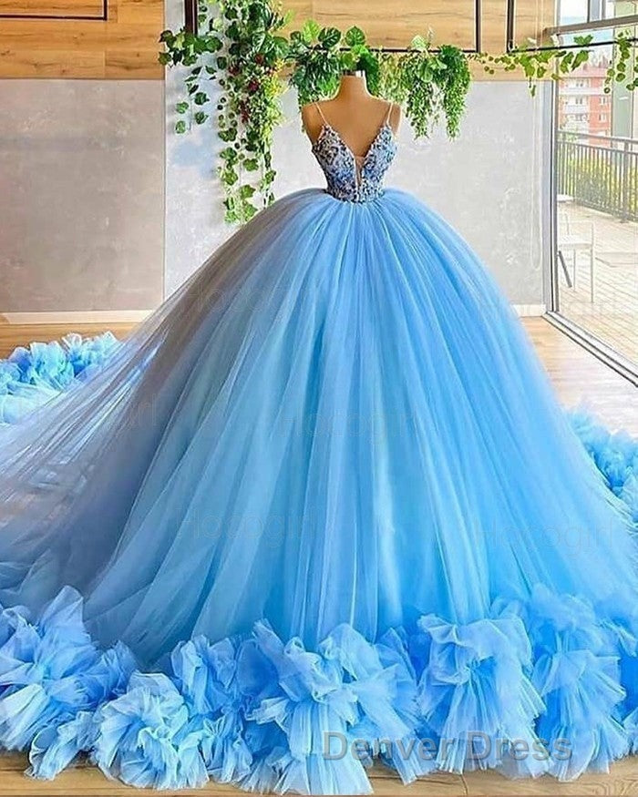 spaghetti straps beading bodice tulle ball gown evening Dresses with handmade flowers Secondary image