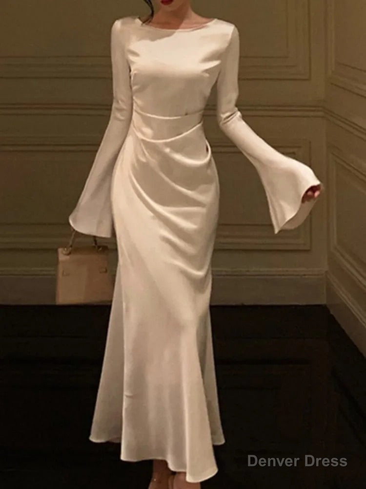 Elegant Solid Midi Dress Women Flare Sleeve Slim Mermaid Spring New French Vintage Wedding Prom Dresses Main image
