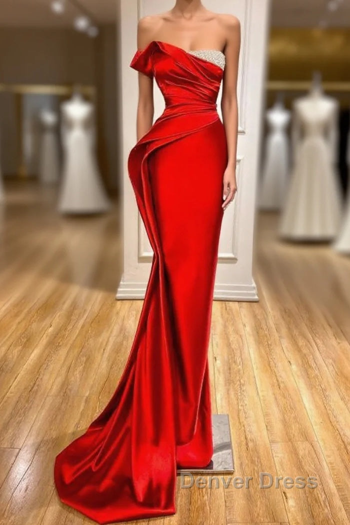 Strapless Red Mermaid Prom Dresses With Beads Main image