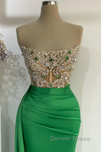 Strapless Emerald Green Mermaid Long Dresses With Beads