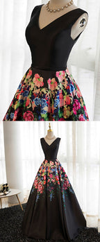 Black V Neck Floral Patterns Long Prom Dress, Black Prom Dresses