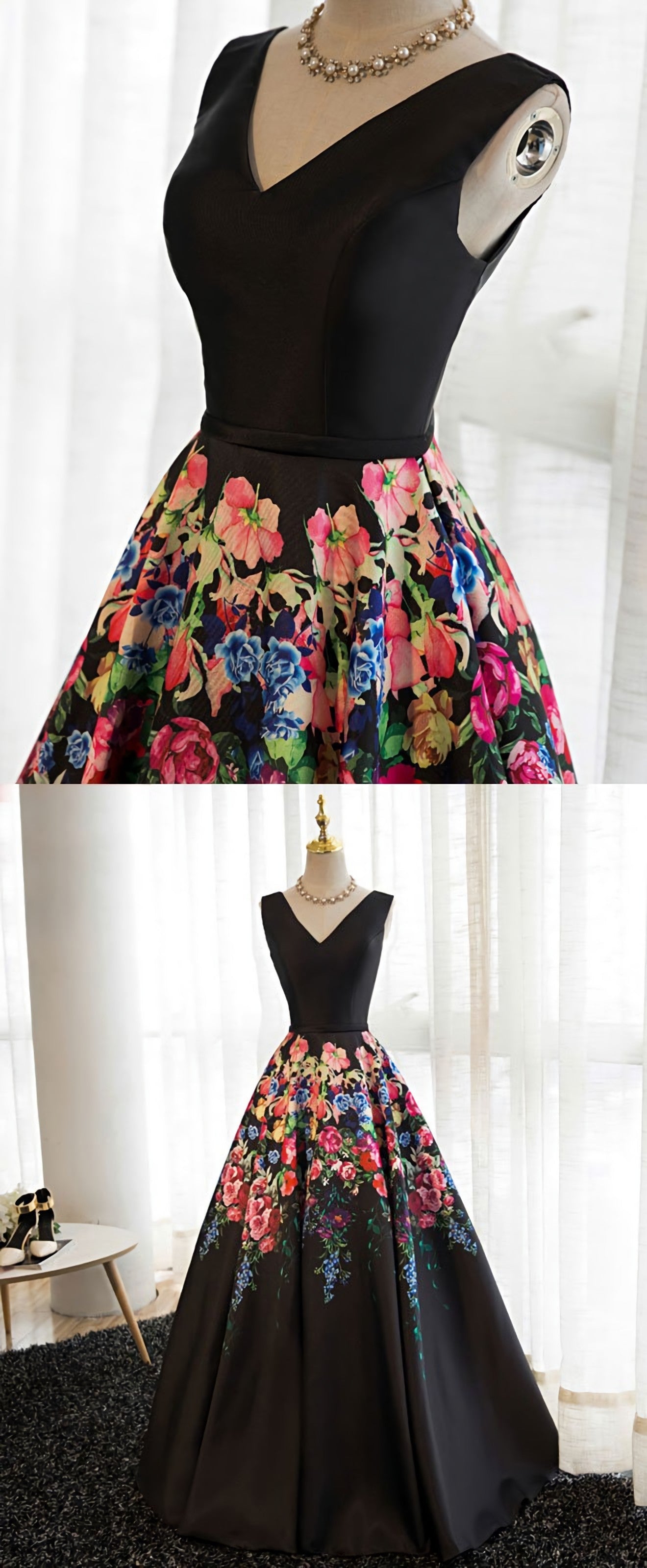 Black V Neck Floral Patterns Long Prom Dress, Black Prom Dresses