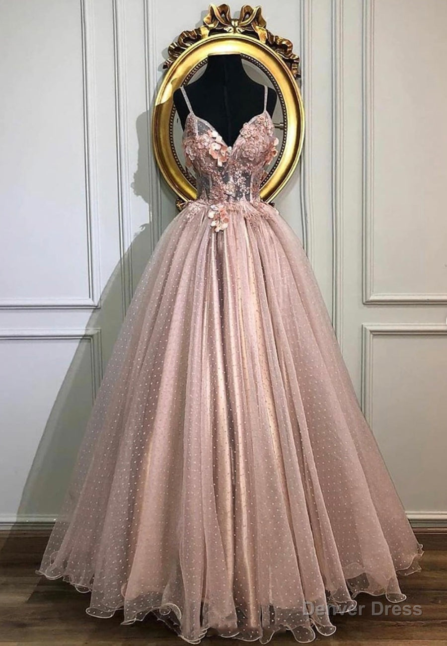 Pink Lace Long Prom Dress, A Line Prom Dresses Main image