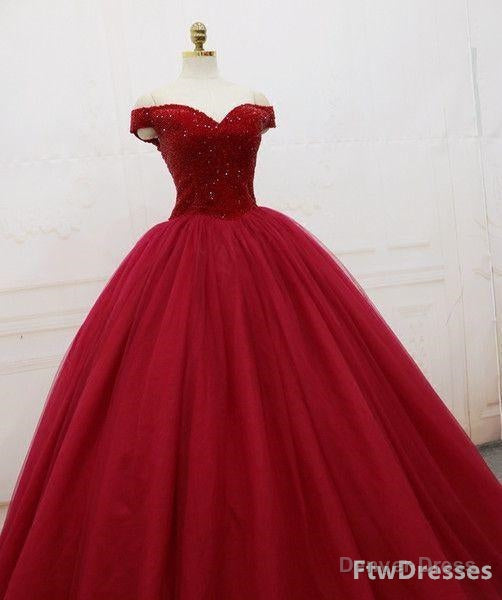 sparkling quinceanera Dress ball Gowns dark red Prom Dress lace up back pleats tulle sweep train quinceanera Dresses