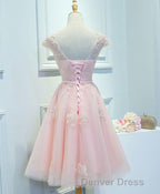 Pink Lace Tulle Short Prom Dress, Pink Prom Dresses