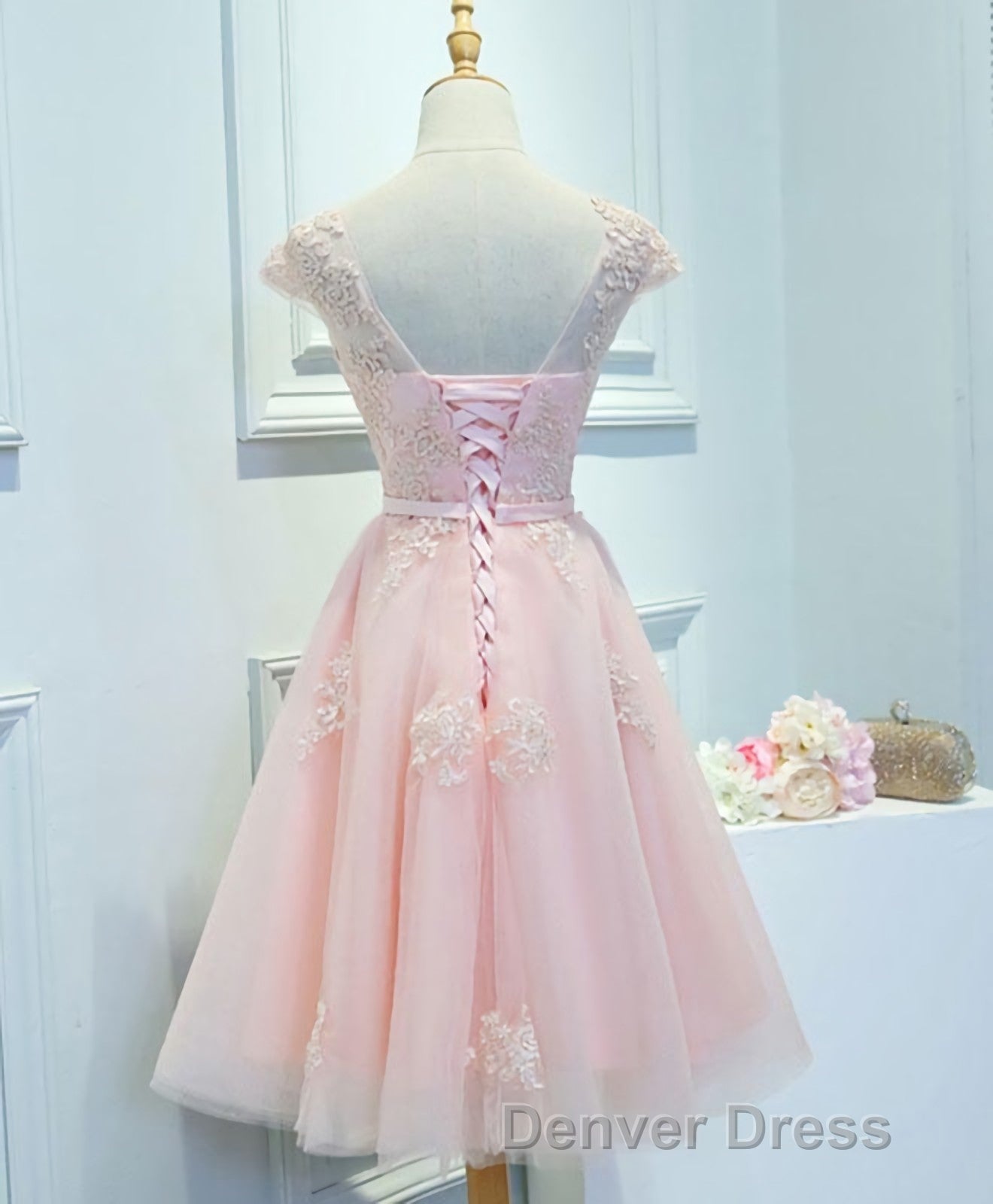 Pink Lace Tulle Short Prom Dress, Pink Prom Dresses