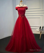 Burgundy Lace Tulle Long Prom Dress, Off Shoulder Prom Dresses