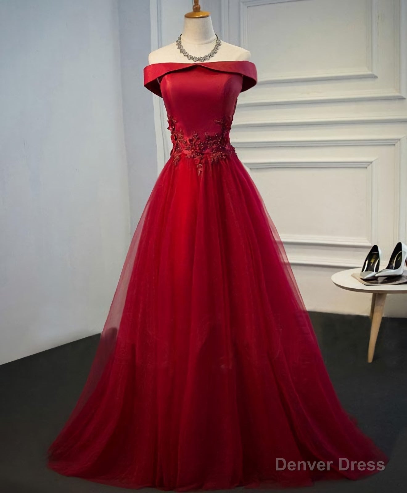 Burgundy Lace Tulle Long Prom Dress, Off Shoulder Prom Dresses