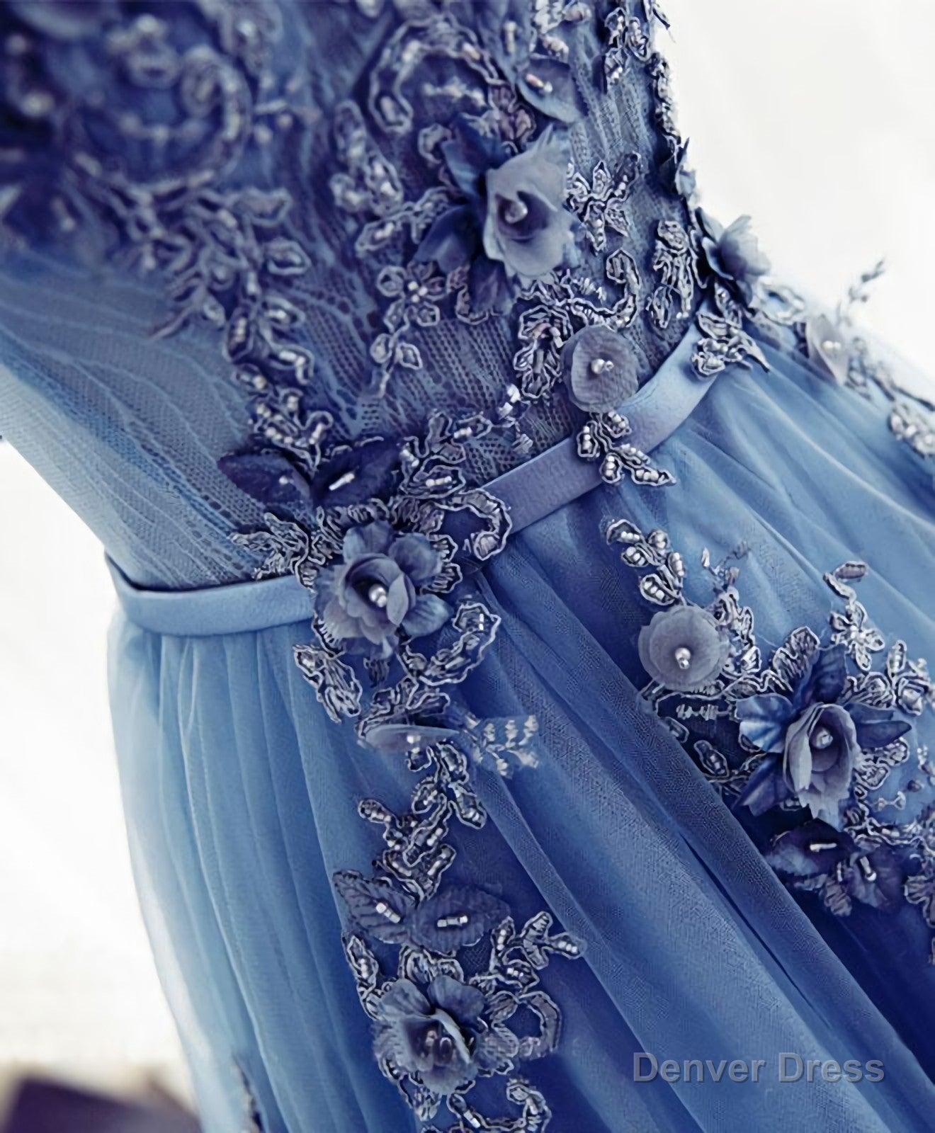 Blue A Line Tulle Lace Long Prom Dress