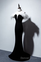 Black Velvet Mermaid Prom Dresses with Feather, Off the Shoulder Long Prom Gowns