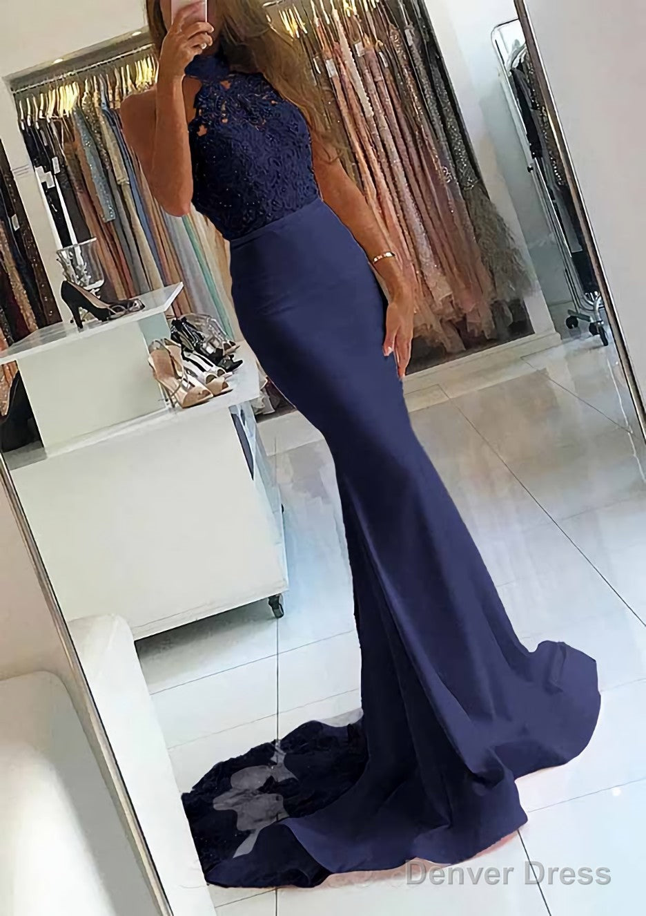 Elastic Satin Court Train Trumpet/Mermaid Sleeveless Halter Covered Button Prom Dresses With Beaded Secondary image