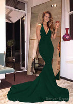 Elastic Satin Court Train Trumpet Mermaid Sleeveless V Neck Zipper Prom Dresses
