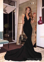 Elastic Satin Court Train Trumpet Mermaid Sleeveless V Neck Zipper Prom Dresses