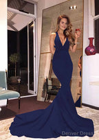 Elastic Satin Court Train Trumpet Mermaid Sleeveless V Neck Zipper Prom Dresses