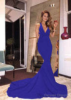 Elastic Satin Court Train Trumpet Mermaid Sleeveless V Neck Zipper Prom Dresses