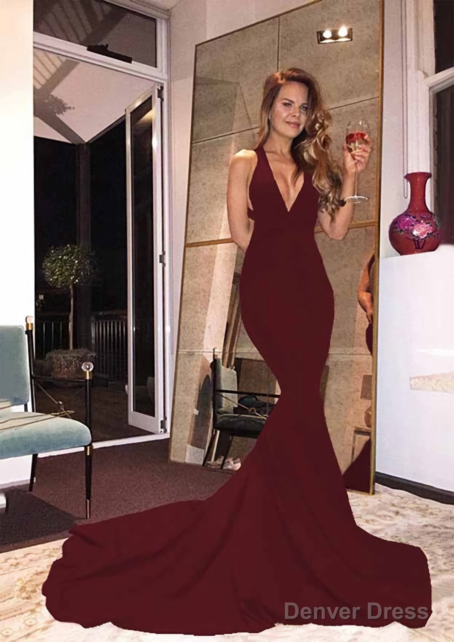 Elastic Satin Court Train Trumpet Mermaid Sleeveless V Neck Zipper Prom Dresses