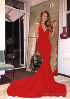 Elastic Satin Court Train Trumpet Mermaid Sleeveless V Neck Zipper Prom Dresses