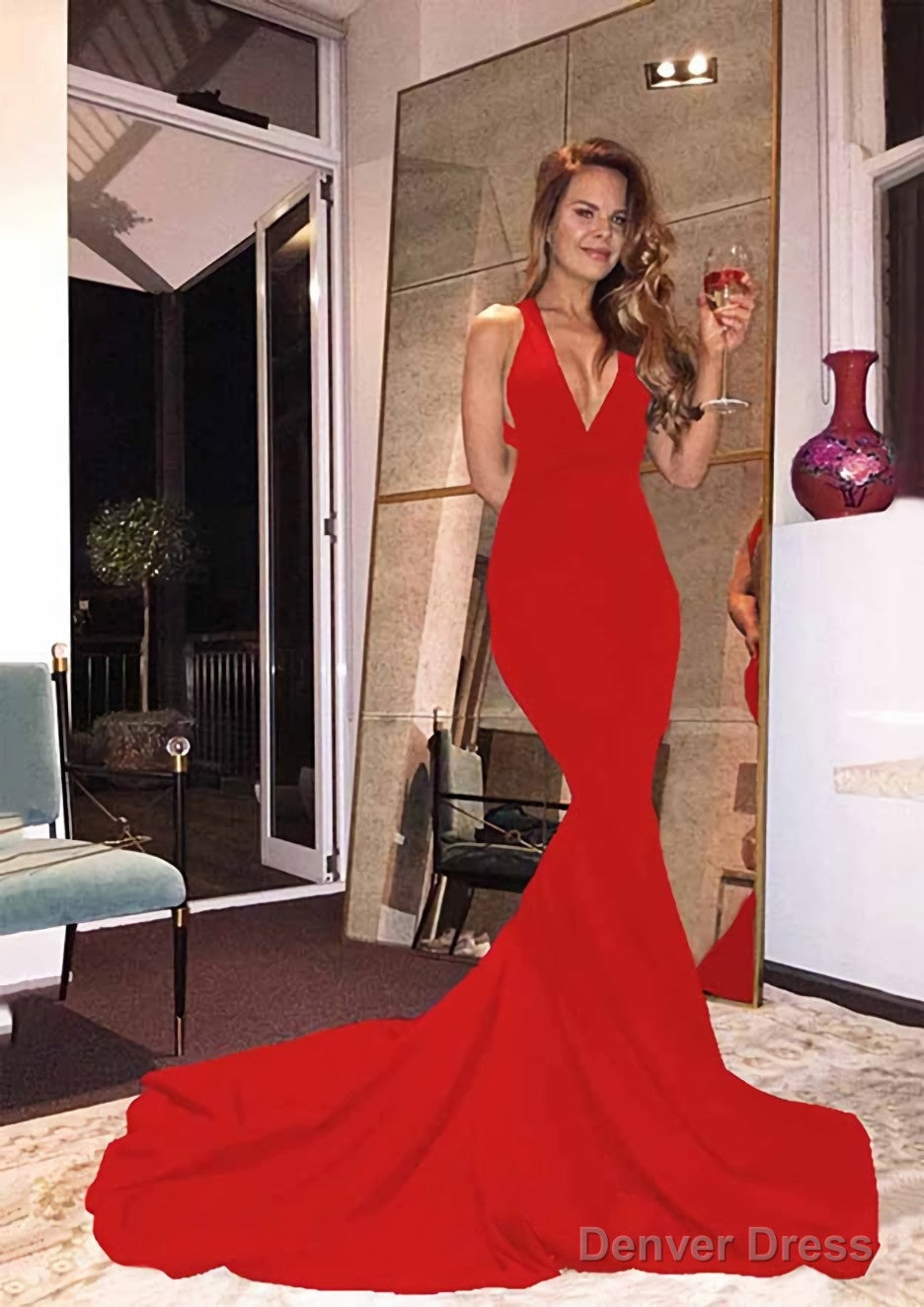 Elastic Satin Court Train Trumpet Mermaid Sleeveless V Neck Zipper Prom Dresses