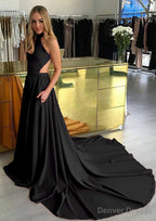 Elastic Satin Prom Dresses A-Line/Princess High-Neck Chapel Train With Pleated