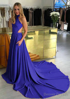 Elastic Satin Prom Dresses A Line High Neck Chapel Train With Pleated