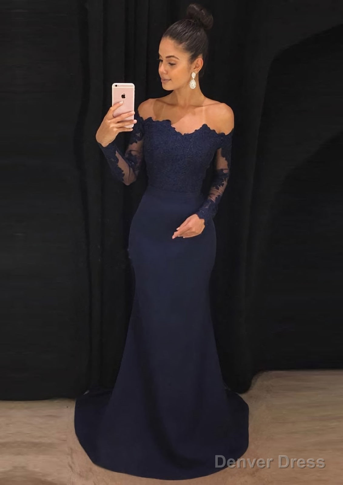 Elastic Satin Prom Dresses Sheath Column Off The Shoulder Court Train With Lace Main image
