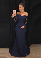 Elastic Satin Prom Dresses Sheath Column Off The Shoulder Court Train With Lace